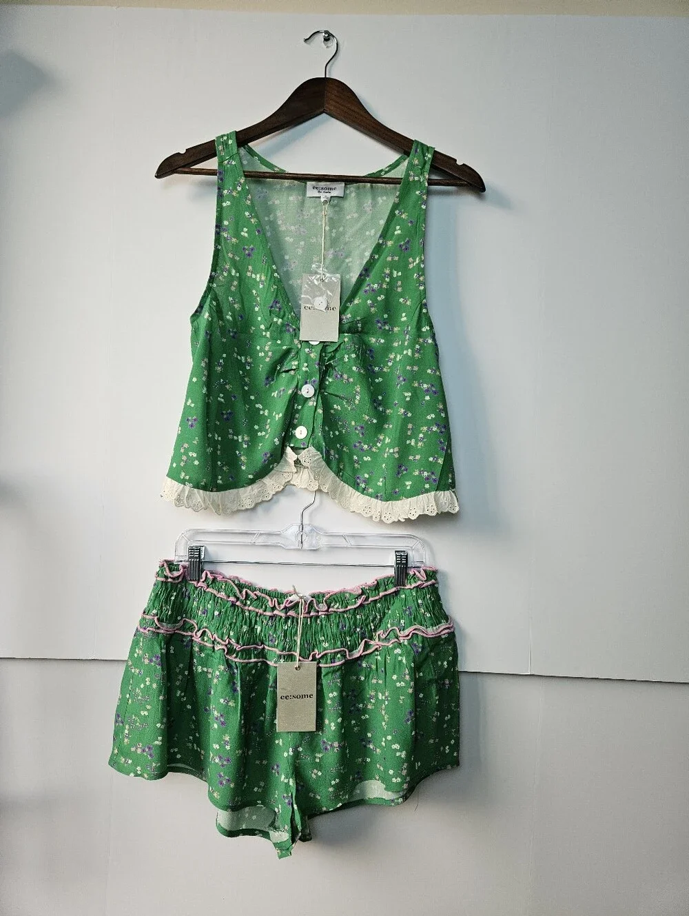 ee:some Floral 2 Piece Set Medium Green Tank Top Shorts Lace Trim Cottagecore